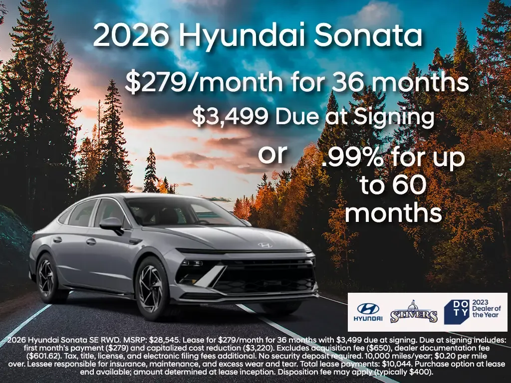 2026 Hyundai Sonata sedan on desert road with 279 dollars monthly lease or point 99 percent financing special offer